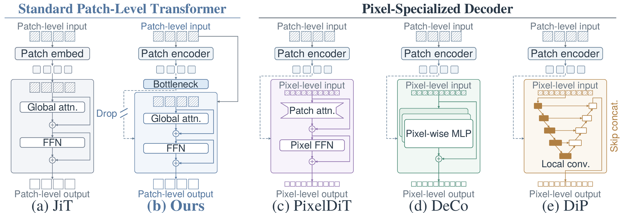 Architecture comparison of JiT, RG, PixelDiT, DeCo and DiP